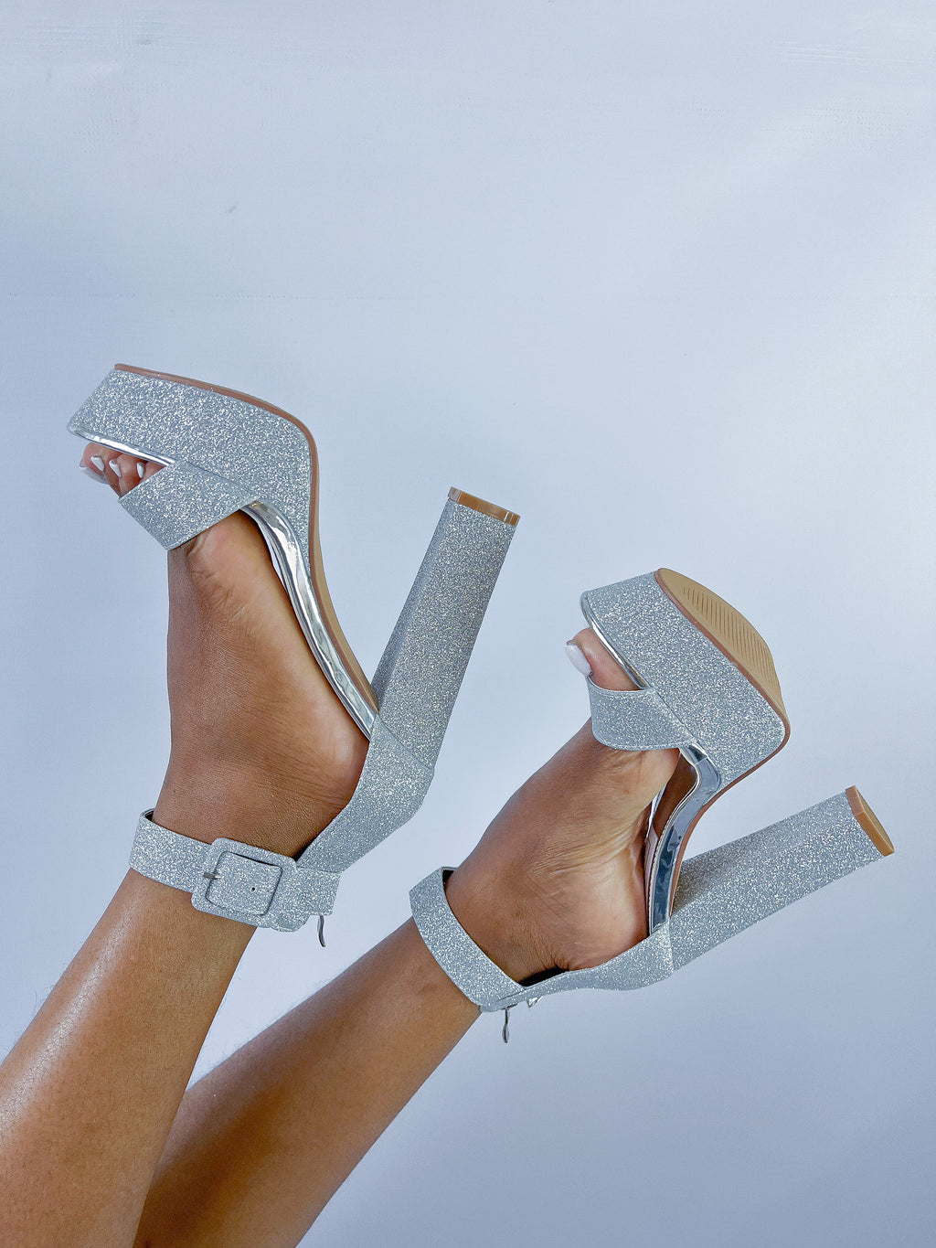 Silver Glitter Block Heel Platform Sandal