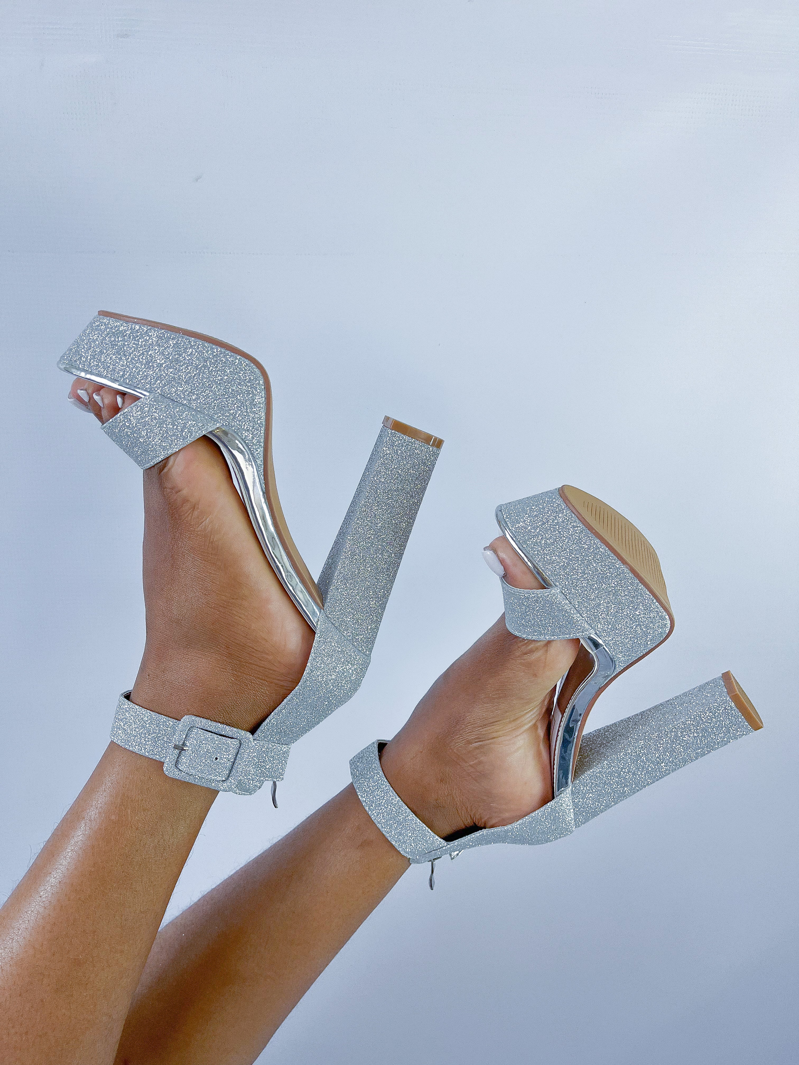 Silver Glitter Block Heel Platform Sandal