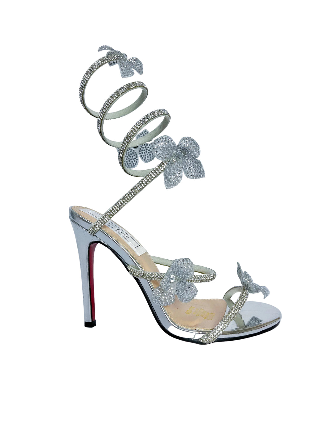 Flora Silver Floral Strap-Up Heel with red sole