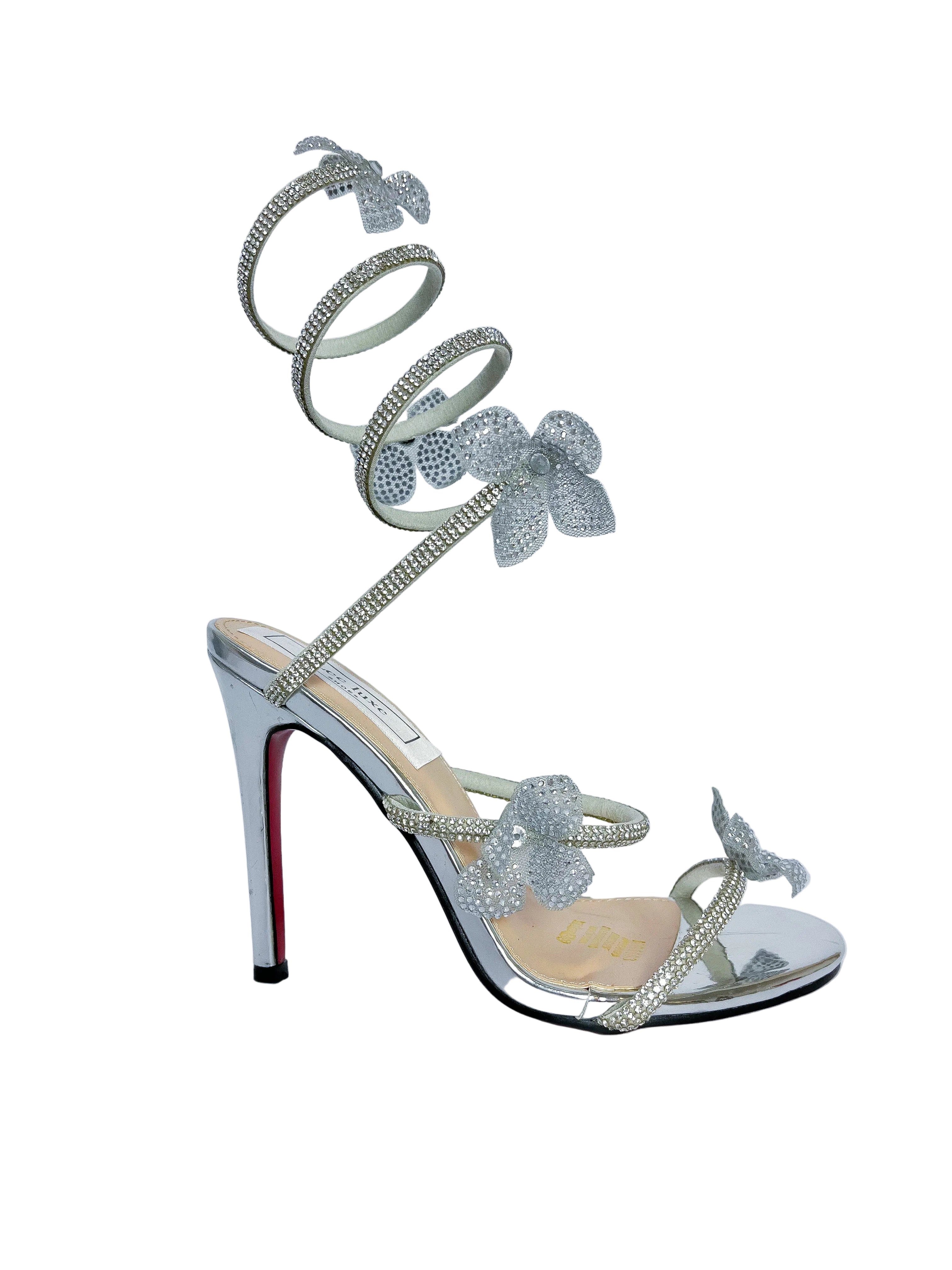 Silver Floral Strap-Up Heel with red sole
