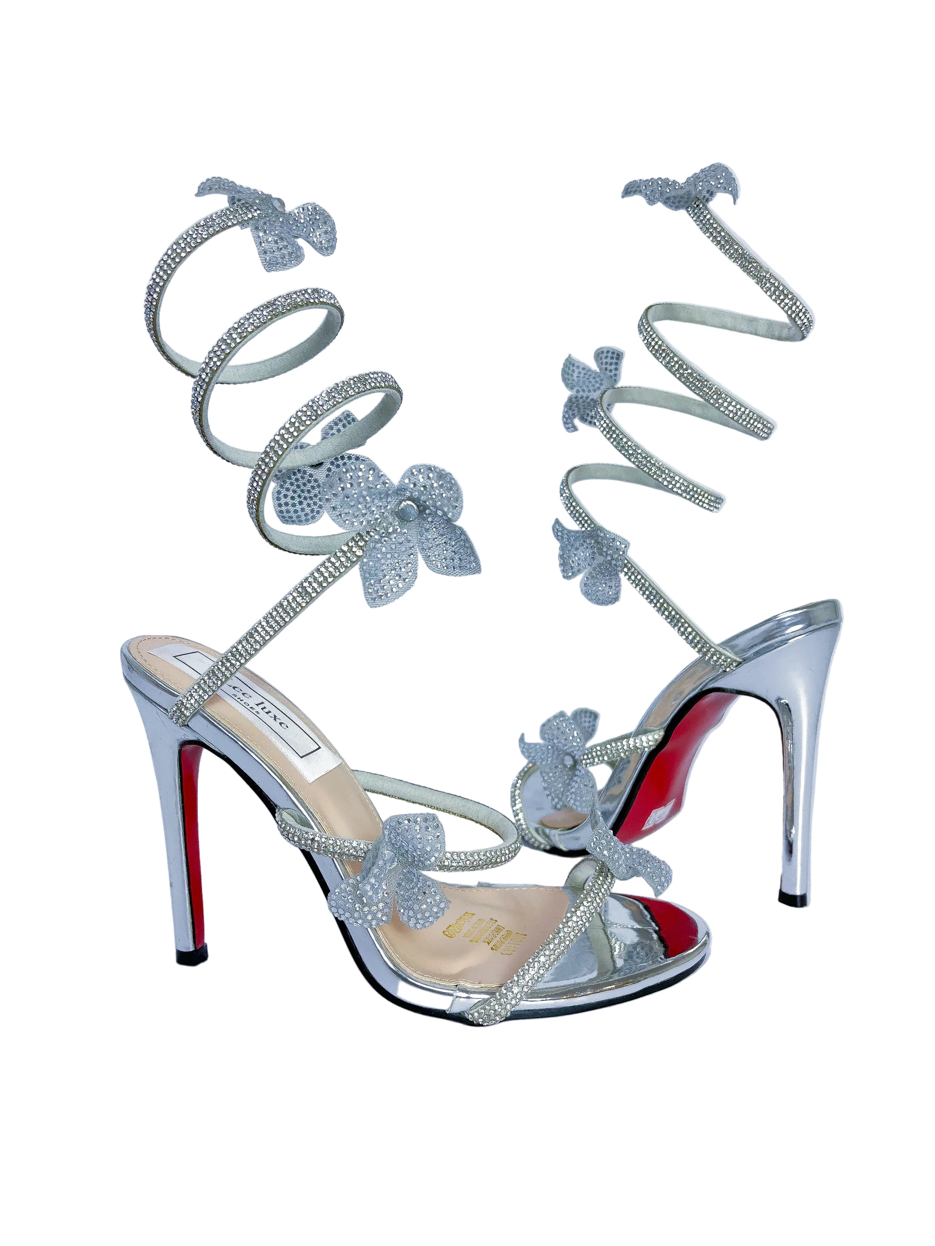 Flora Silver Floral Strap-Up Heel with red sole