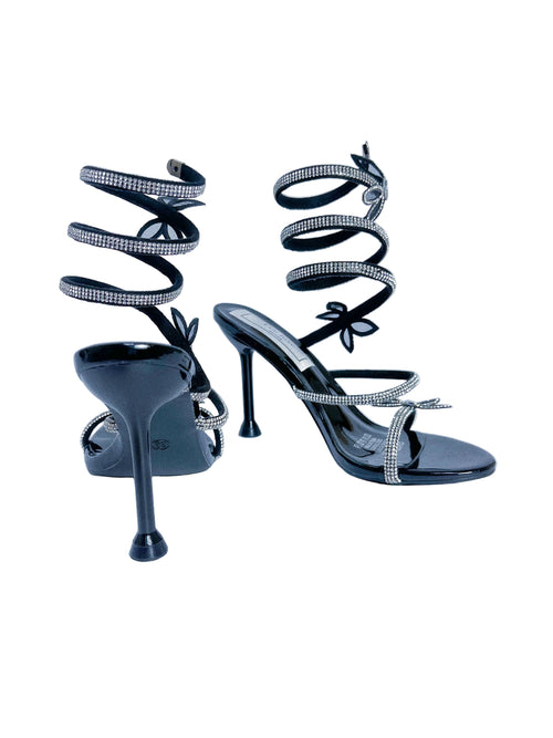 Black Butterfly Silver Rhinestone Comfort Heel