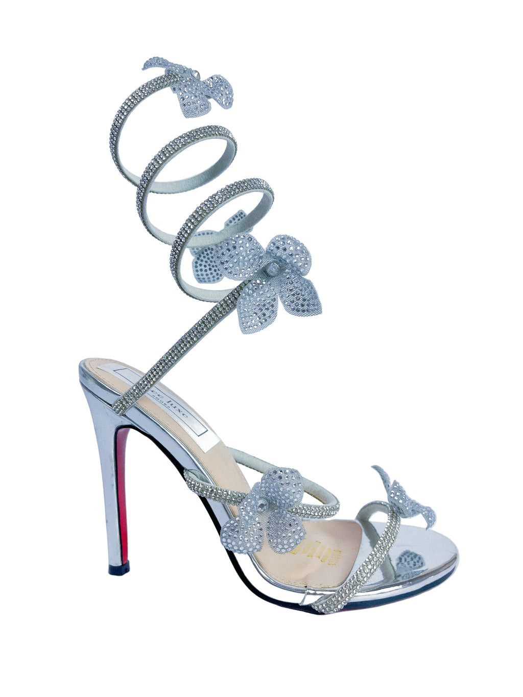 Flora Silver Floral Strap-Up Heel with red sole