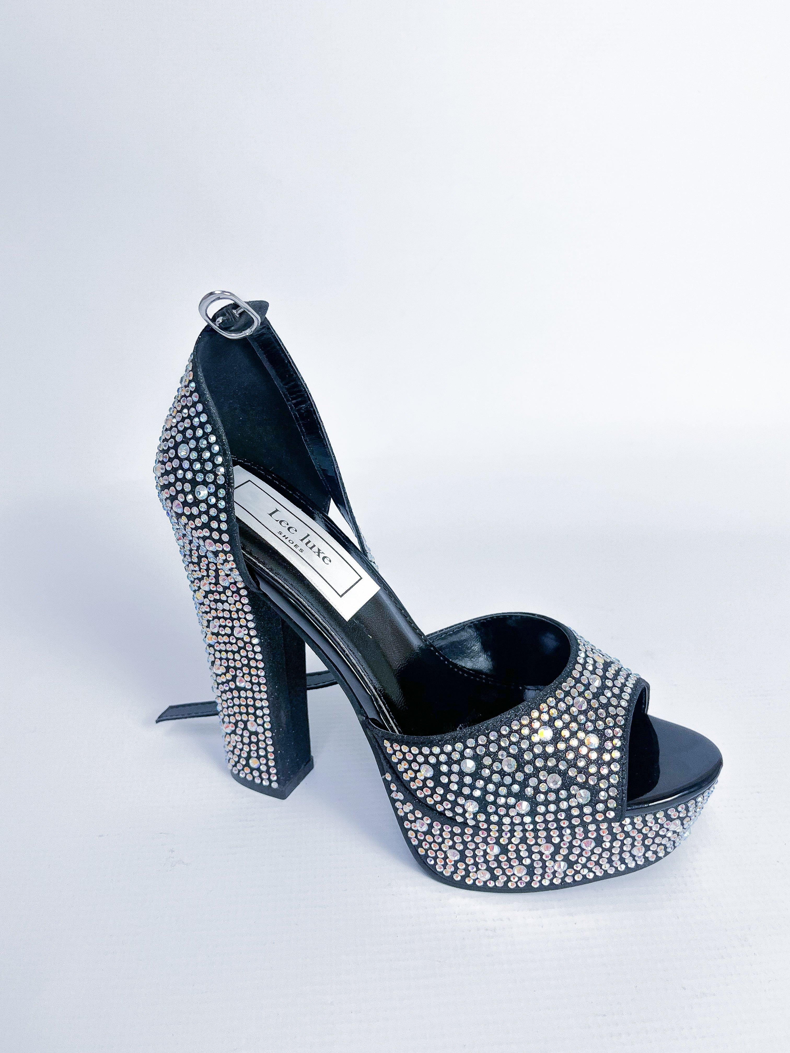 Black Rhinestone Block Platform Heel