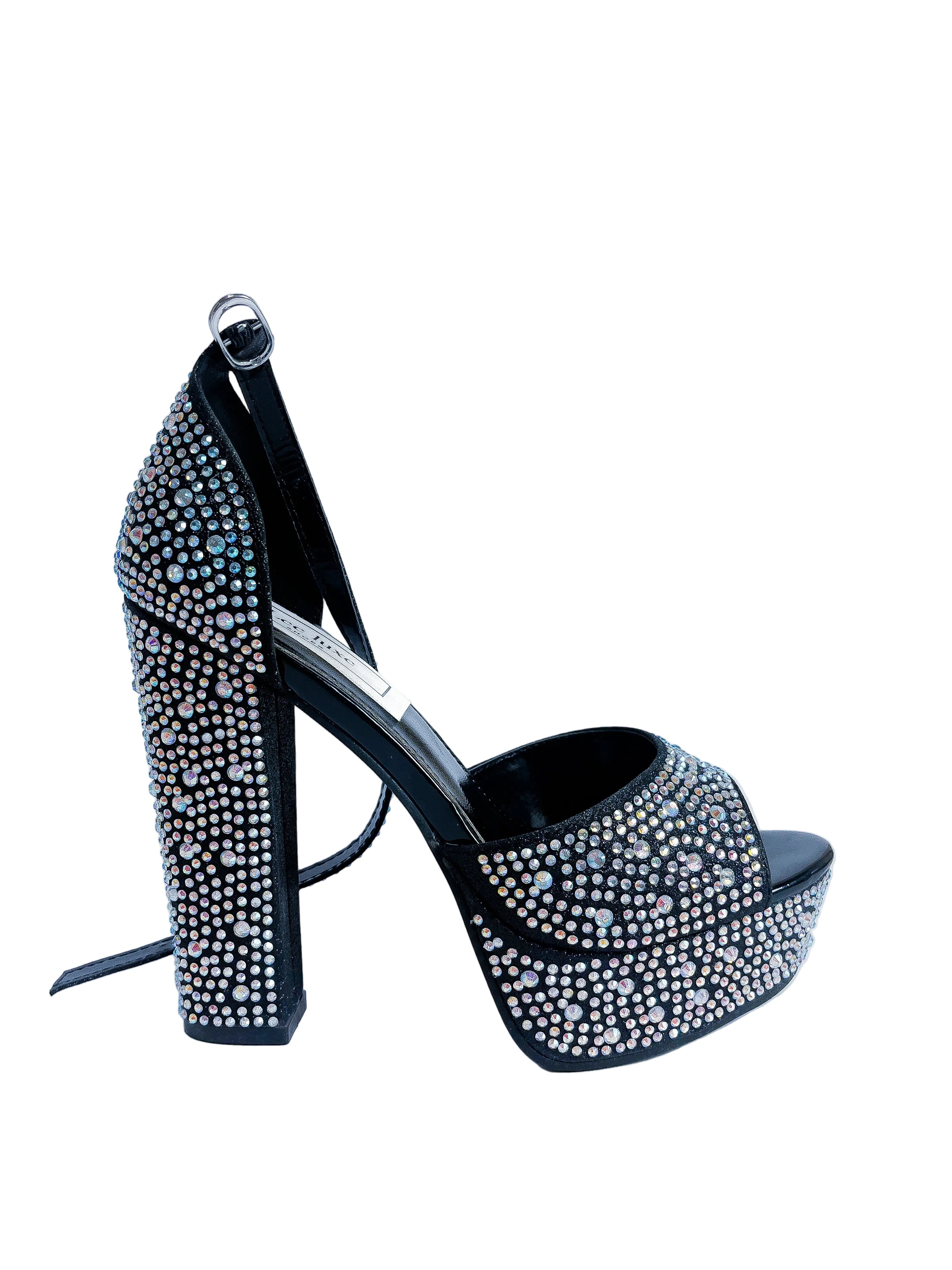Black Rhinestone Block Platform Heel