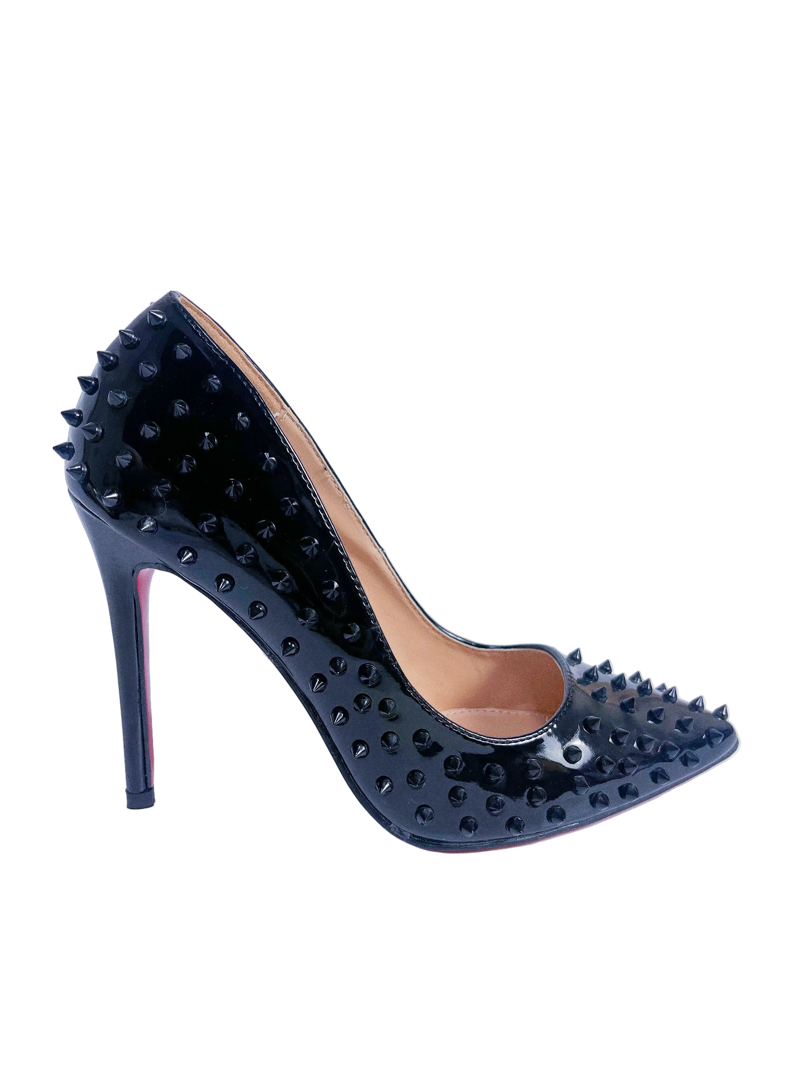 Black Spiked Patent Leather Red Sole Stiletto Pump