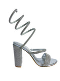 Silver Rhinestone Spiral Wrap Block Heel Sandal