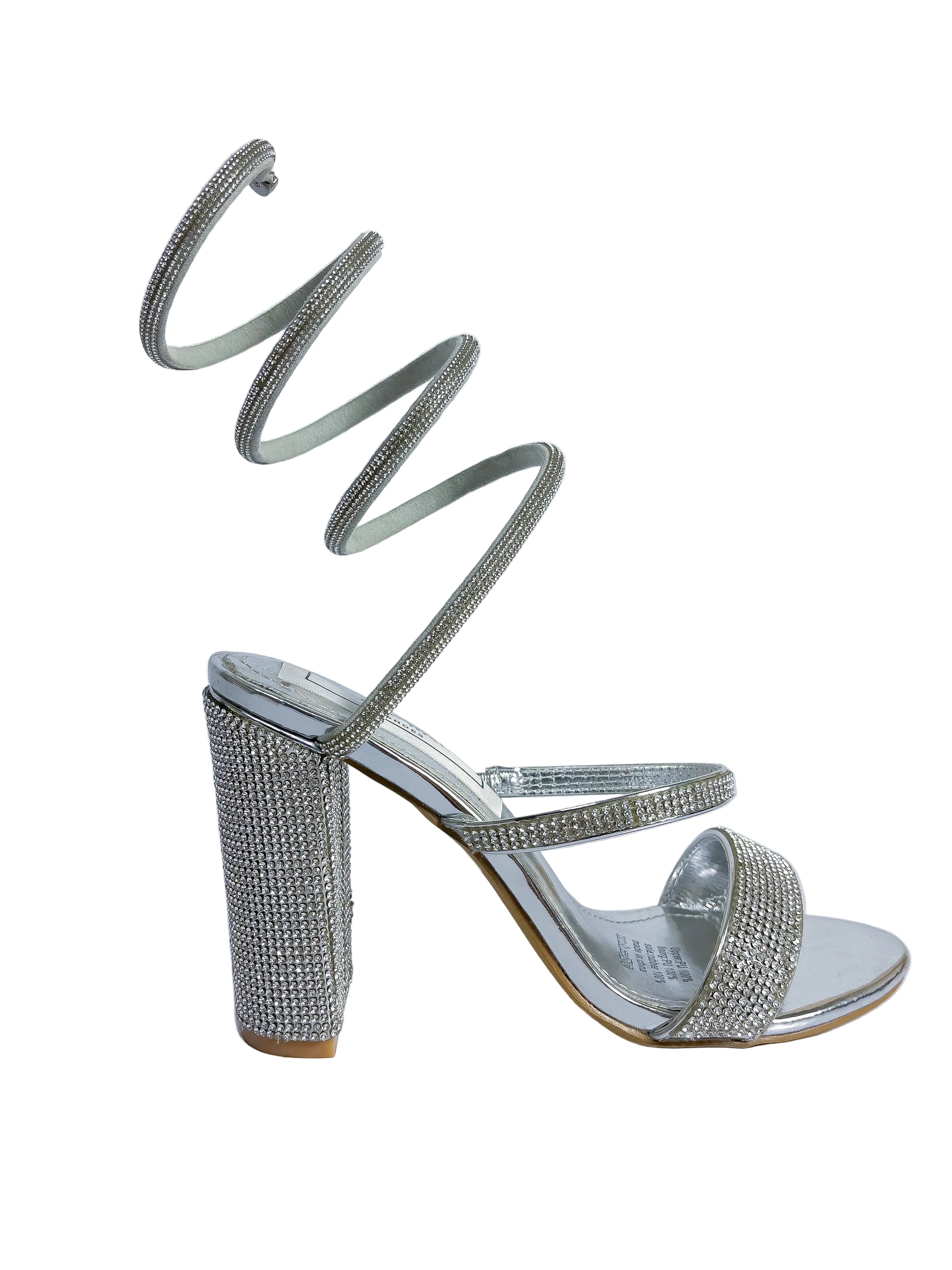 Silver Rhinestone Spiral Wrap Block Heel Sandal
