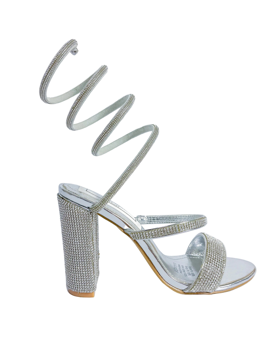 Naomi Silver Rhinestone Spiral Wrap Block Heel Sandal