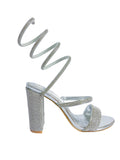 Naomi Silver Rhinestone Spiral Wrap Block Heel Sandal