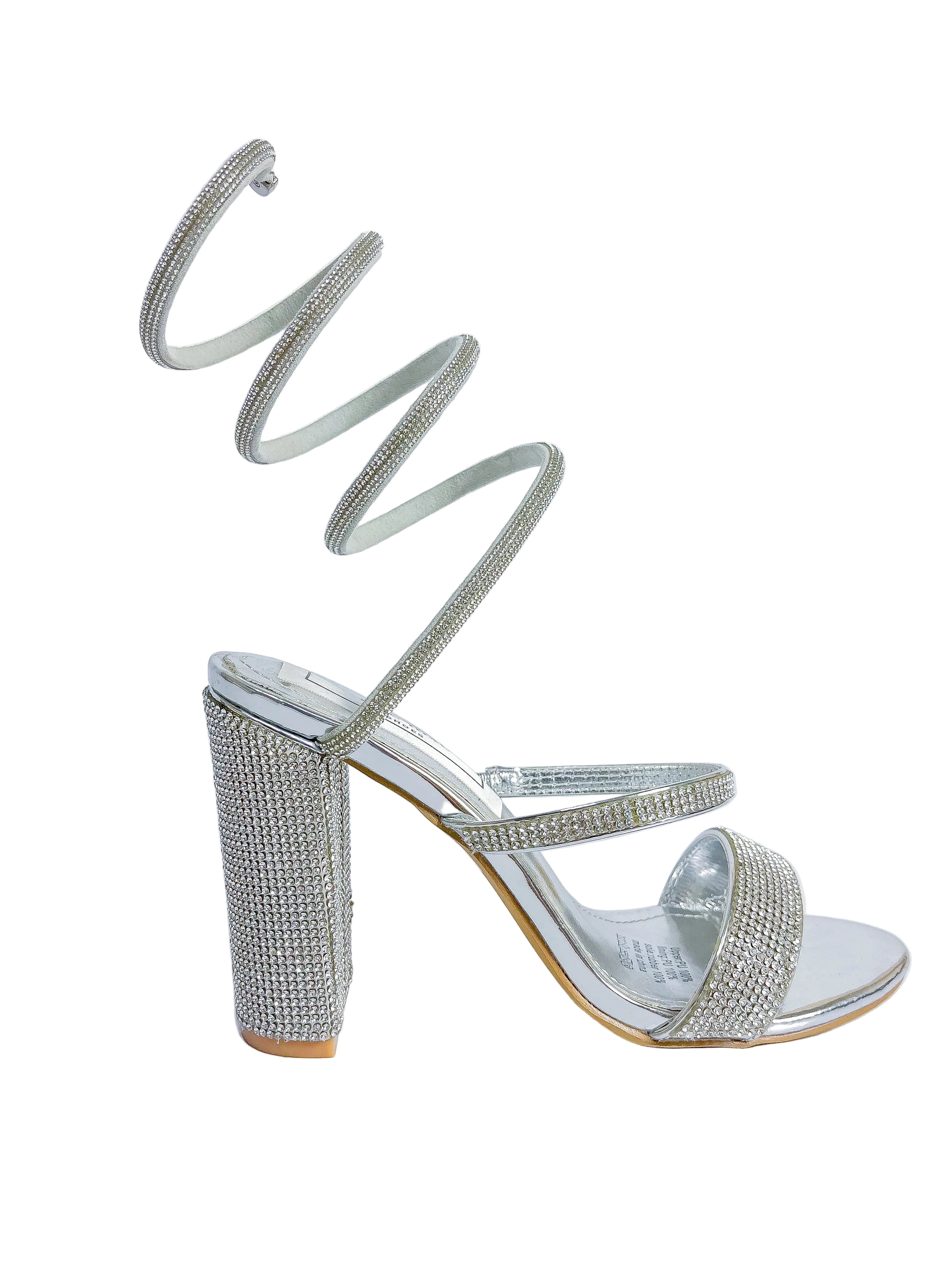 Naomi Silver Rhinestone Spiral Wrap Block Heel Sandal