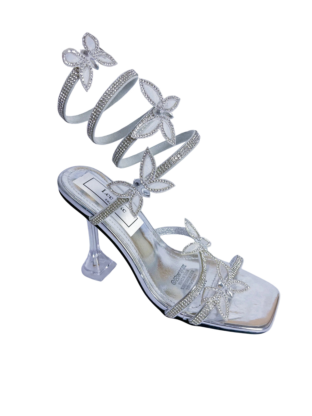 Talia Silver Butterfly Spiral Wrap Clear Stiletto Sandal