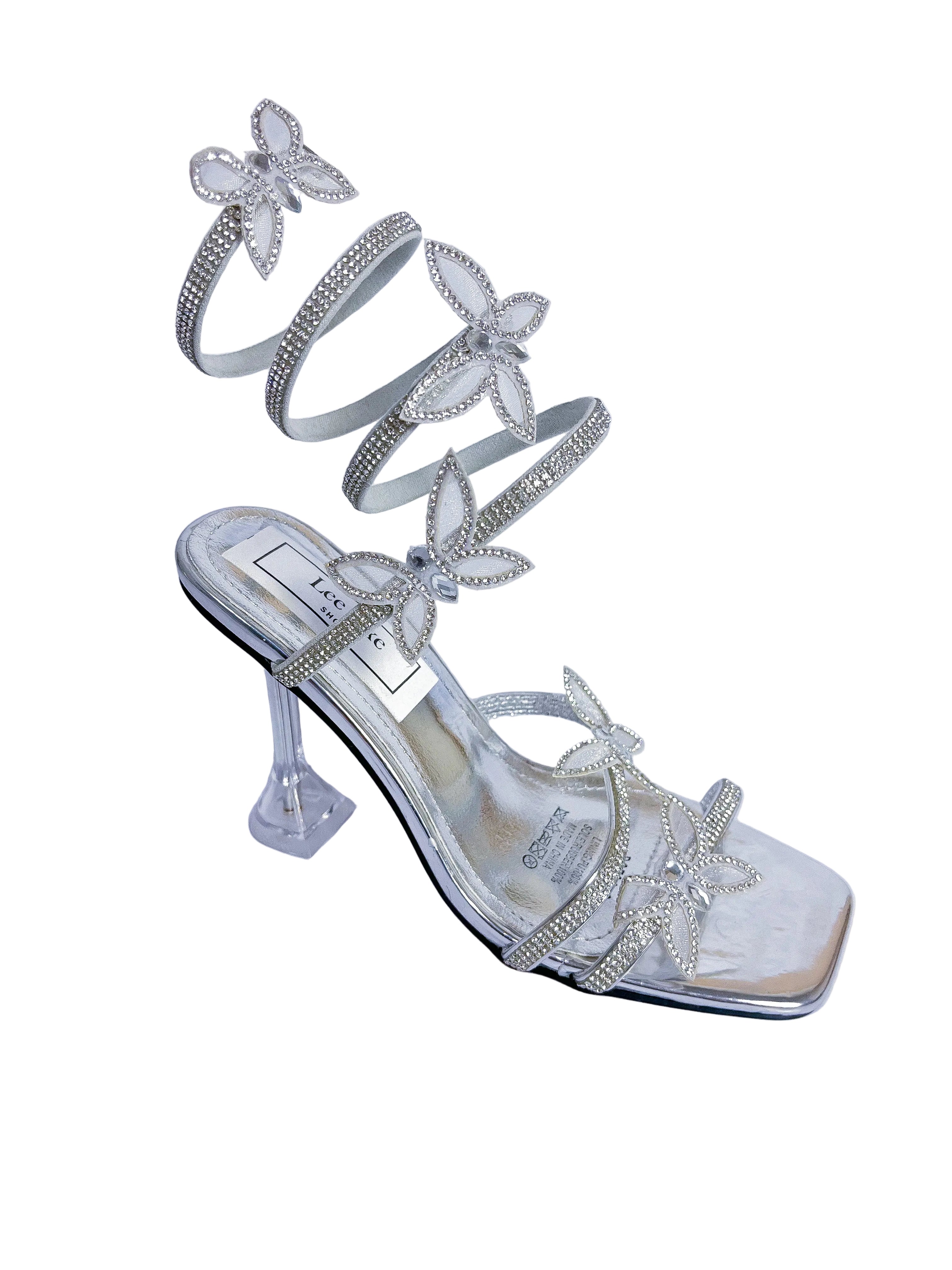 Talia Silver Butterfly Spiral Wrap Clear Stiletto Sandal