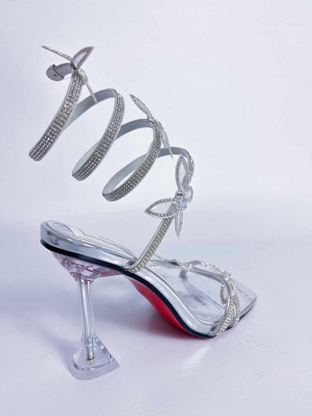 Talia Silver Butterfly Spiral Wrap Clear Stiletto Sandal