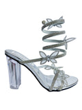 Silver Butterfly Spiral Wrap Clear Block Heel Sandal