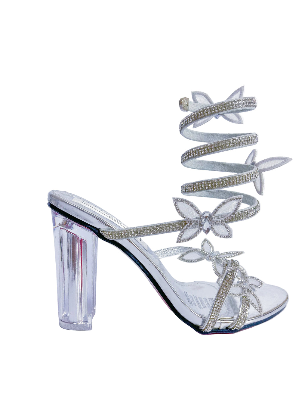 Fantasy Silver Butterfly Spiral Wrap Clear Block Heel Sandal