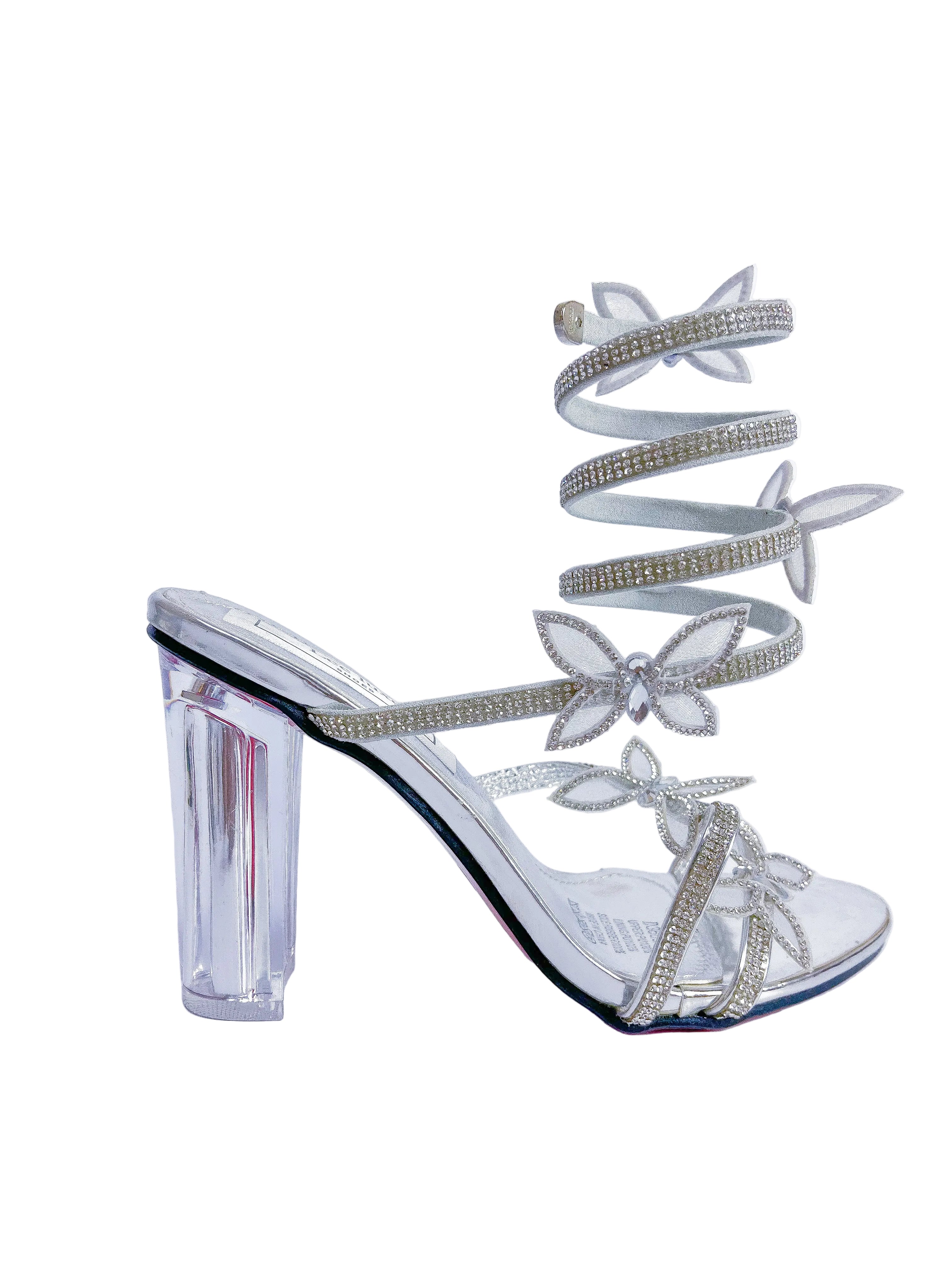 Fantasy Silver Butterfly Spiral Wrap Clear Block Heel Sandal