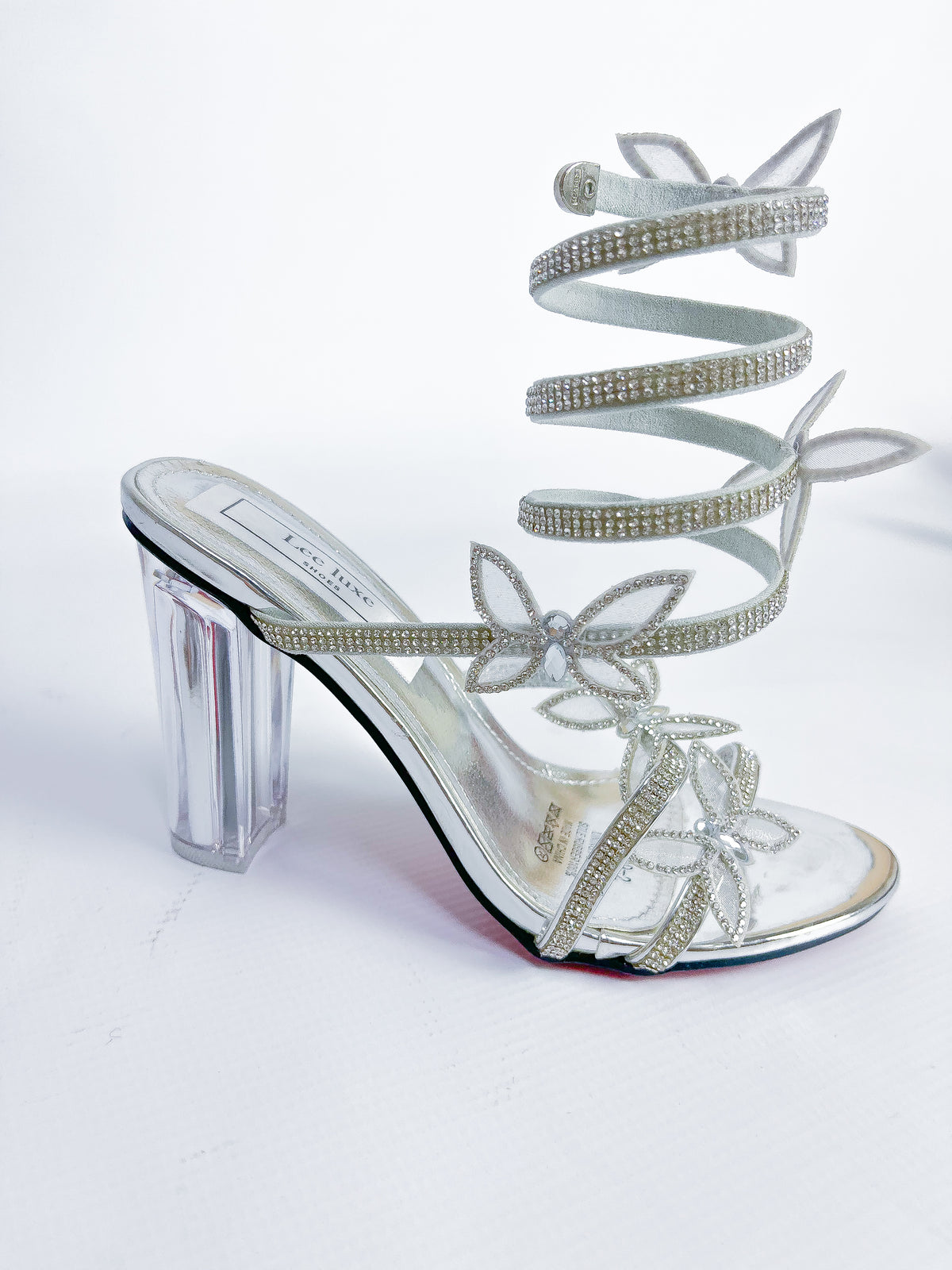 Fantasy Silver Butterfly Spiral Wrap Clear Block Heel Sandal