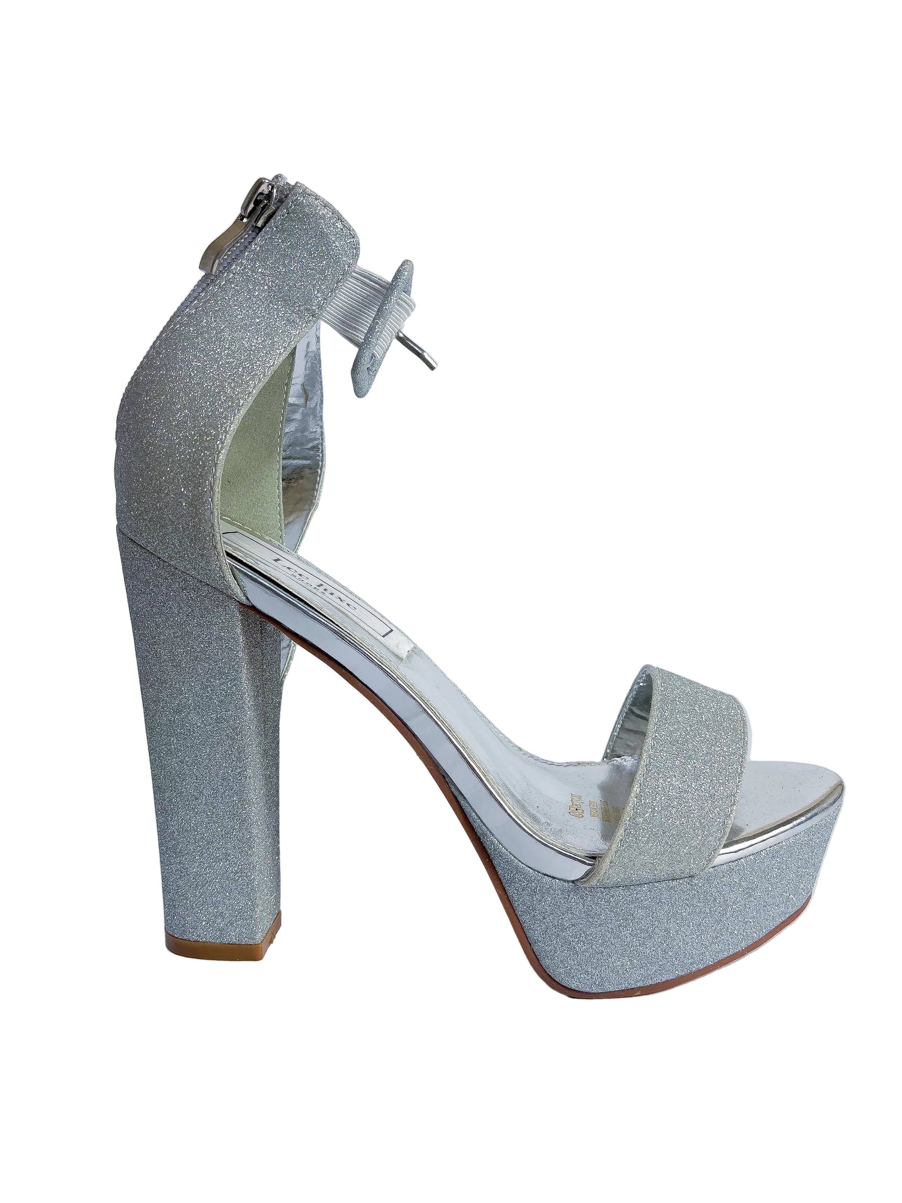 Silver Glitter Block Heel Platform Sandal