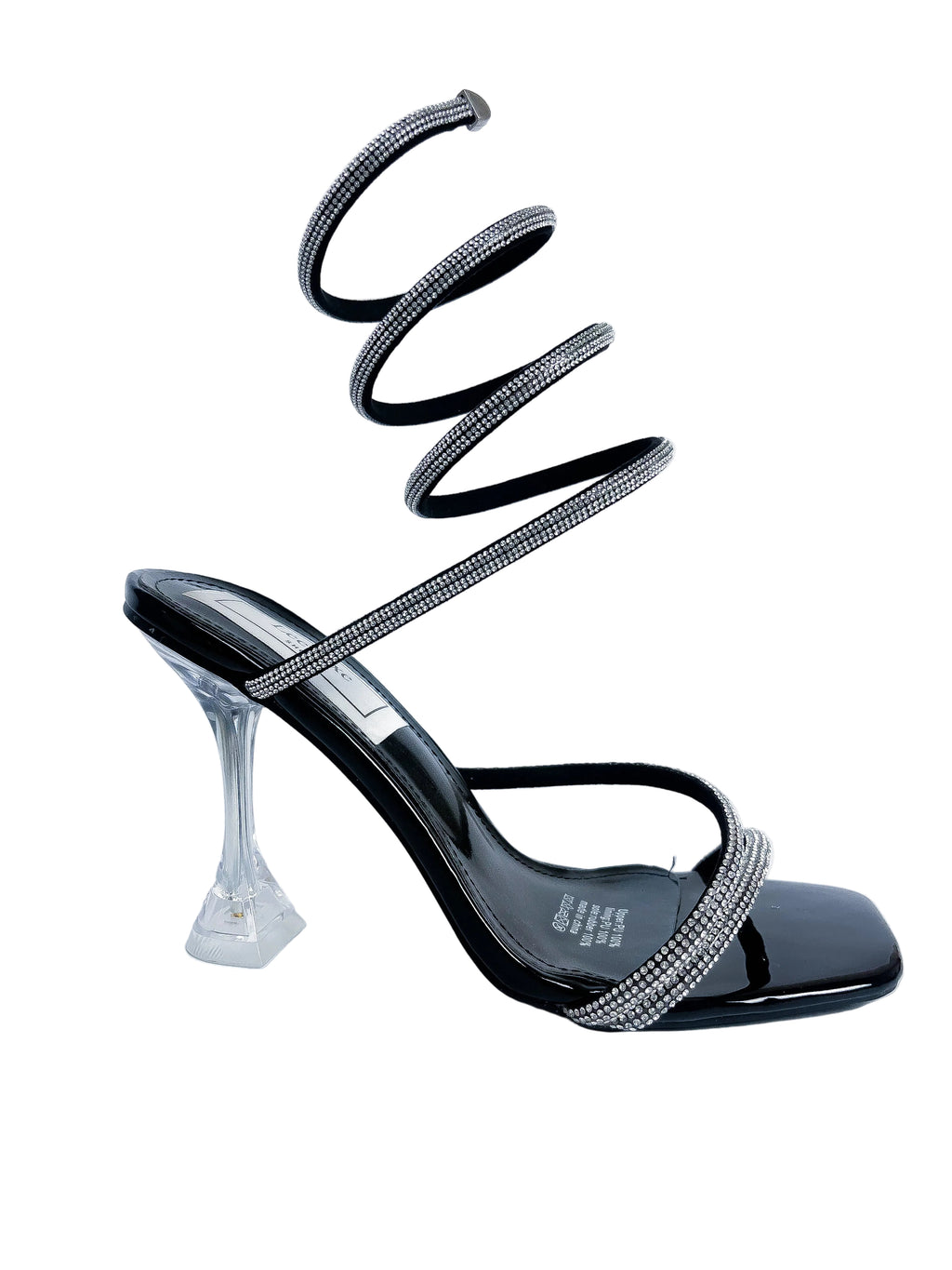 Black Rhinestone Spiral Wrap Clear Heel Sandal