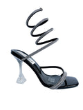 Black Rhinestone Spiral Wrap Clear Heel Sandal