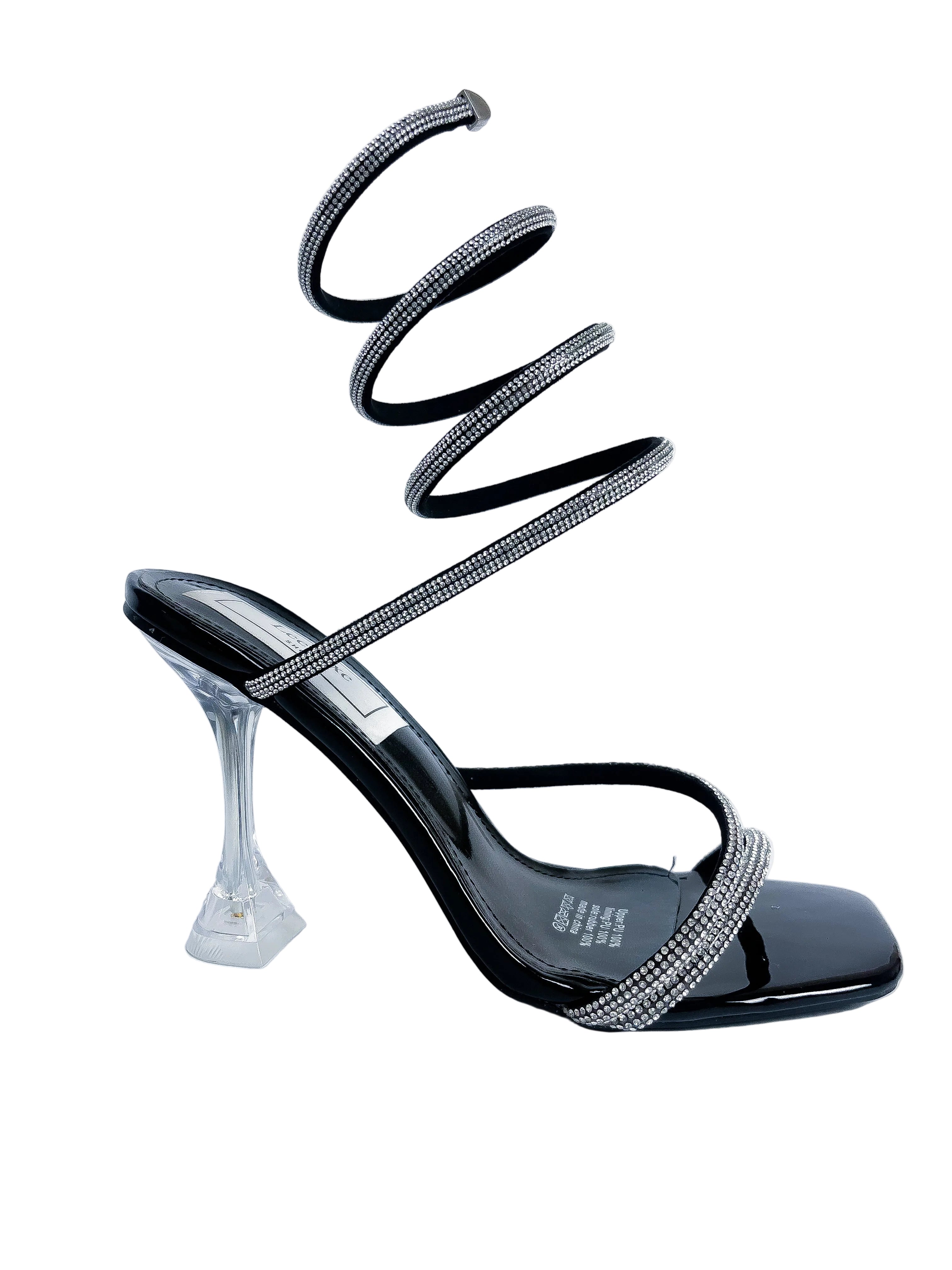 Black Rhinestone Spiral Wrap Clear Heel Sandal