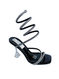 Black Rhinestone Spiral Wrap Clear Heel Sandal