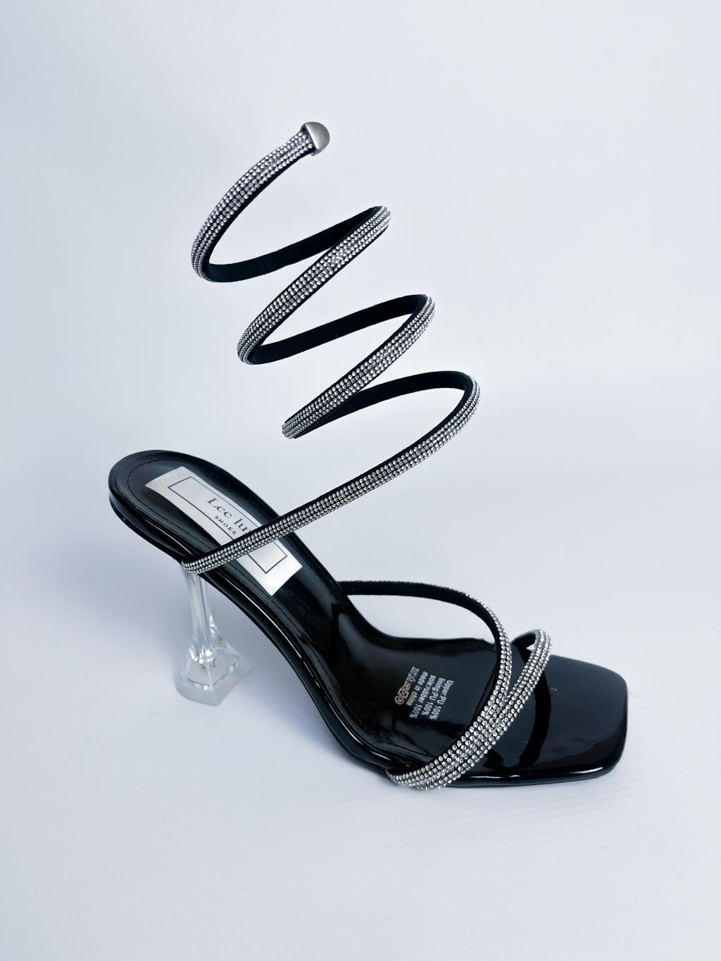 Black Rhinestone Spiral Wrap Clear Heel Sandal